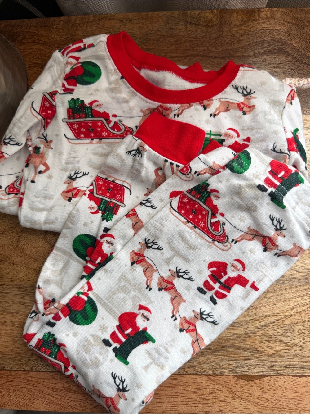 Kids Christmas Pajama Set - White & Red Santa and Reindeer Print